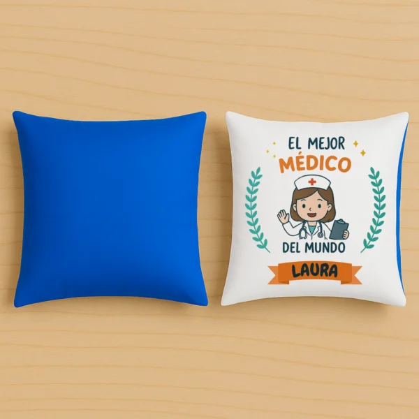 cojin azul la vida es mejor con medicos+nombre