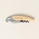 Sacacorchos acero inoxidable y madera personalizado para boda, diseño Elegance