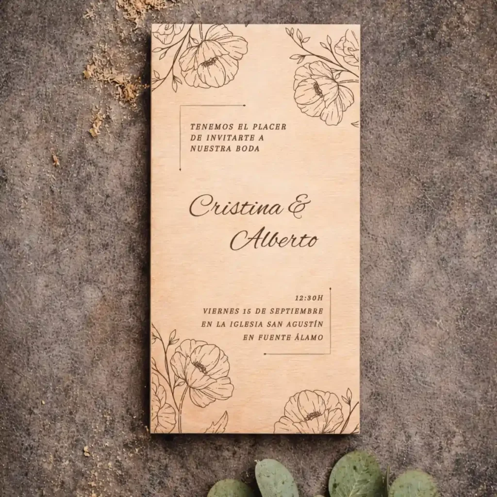 Invitación boda rectangular de madera | Diseño floral 17