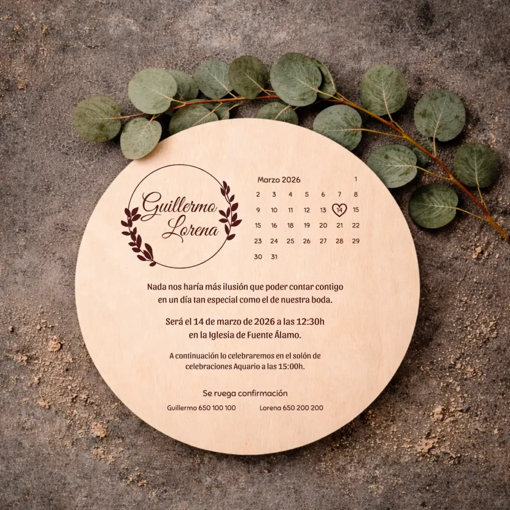 Invitación de boda circular con calendario diseño hojas cursiva