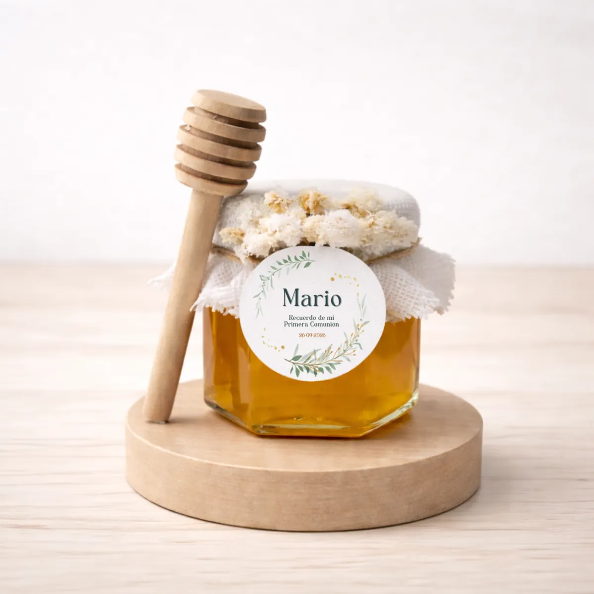 Miel artesana comunión con mielero 50G | Diseño flores verdes