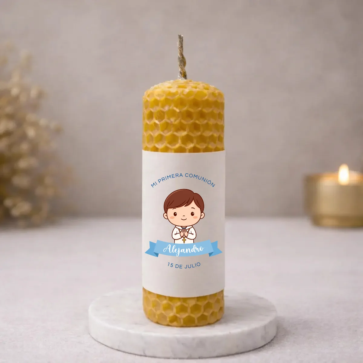 VELA CERA ABEJA 10X3CM COMUNIÓN NIÑO MORENO