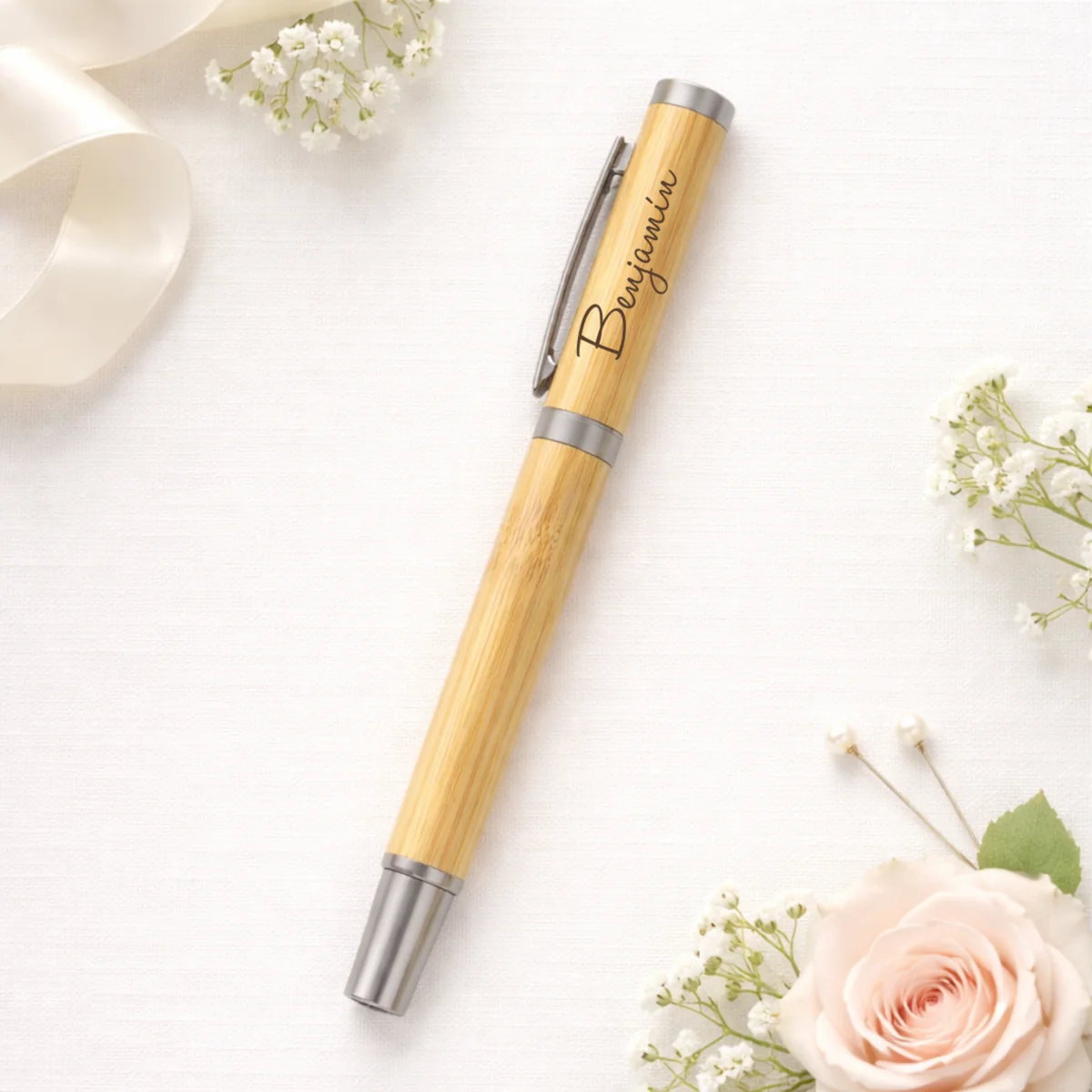 Bolígrafo roller bambú con capucha bautizo halo