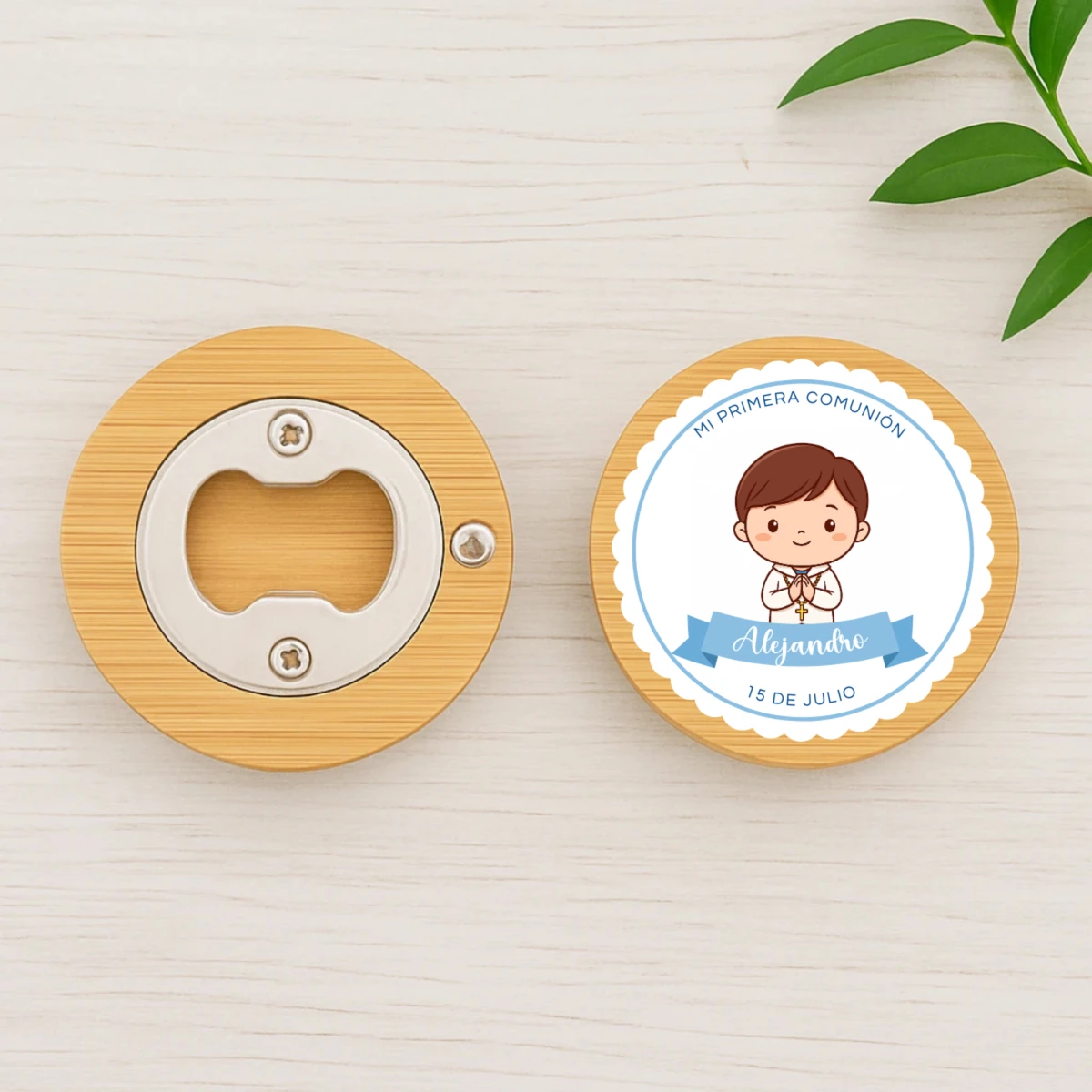 Abridor redondo bambú | Diseño pegatina niño moreno