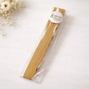 Abanico madera con borla boda tan con bolsa y pegatina