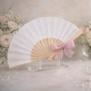 Abanico blanco y madera boda con lazo rosa