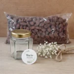 Pack almendras garrapiñadas | Tarros con pegatina blanca diseño flores verdes