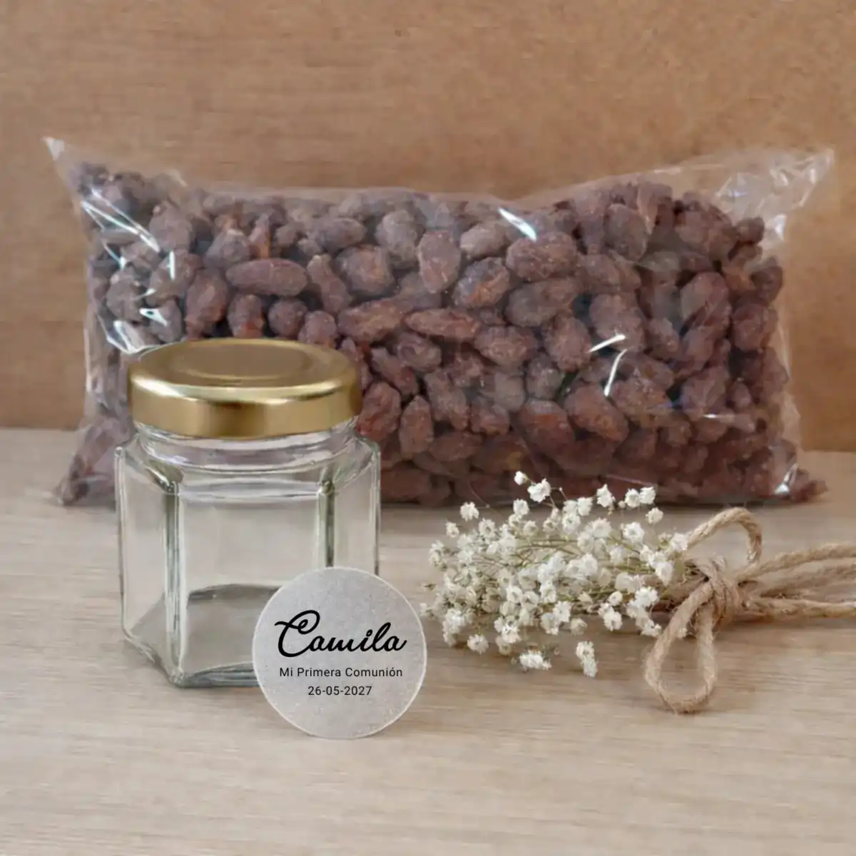 Pack almendras garrapiñadas | Tarros con pegatina plata diseño camila