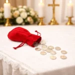 Arras doradas con bolsa roja para boda
