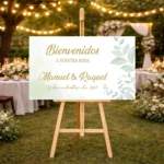 Cartel bienvenida impreso personalizado para boda, diseño Eucalipto horizontal