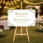Cartel bienvenida impreso personalizado para boda, diseño Rosas blancas horizontal