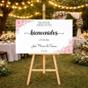 Cartel bienvenida impreso personalizado para boda, diseño Rosas horizontal
