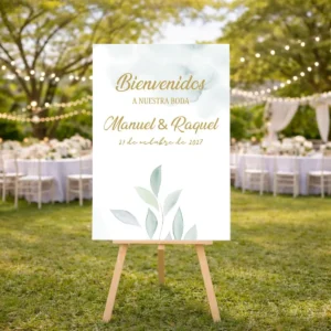 Cartel bienvenida impreso personalizado para boda, diseño Acuarela vertical