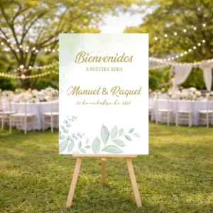 Cartel bienvenida impreso personalizado para boda, diseño Eucalipto vertical
