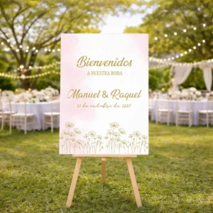 Cartel bienvenida impreso personalizado para boda, diseño Rosa/dorado vertical