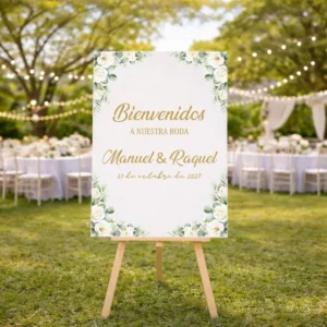 Cartel bienvenida impreso personalizado para boda, diseño Rosas blancas vertical