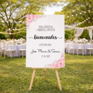 Cartel bienvenida impreso personalizado para boda, diseño Rosas vertical