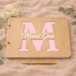 Libro de firmas madera a4 personalizado de bautizo, diseño Diseño clásico relieve rosa