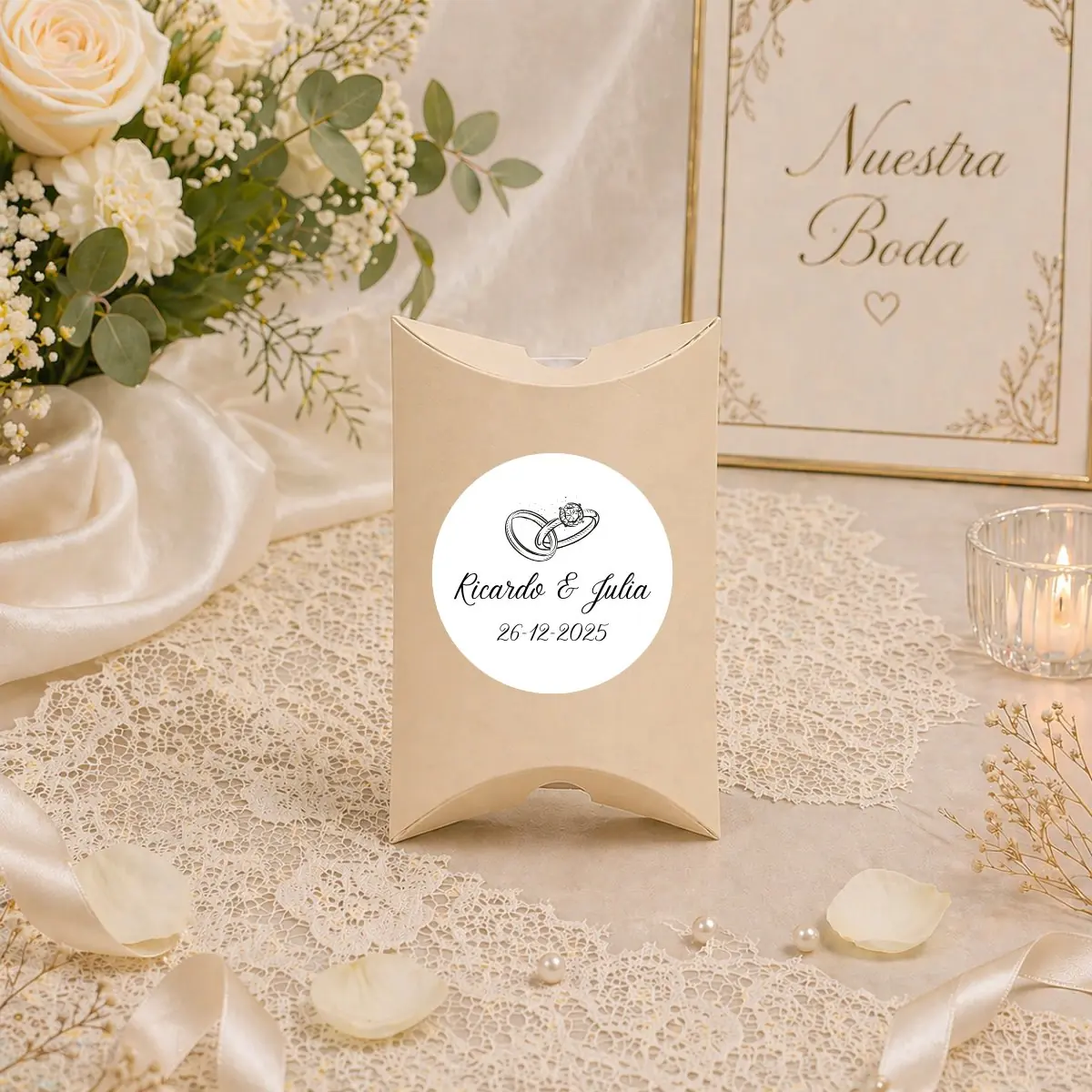 Empaquetado cajita beig personalizado para boda, diseño Elegance
