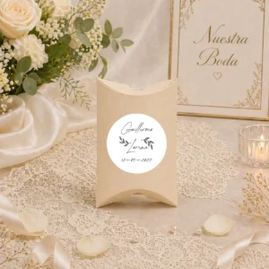 Empaquetado cajita beig boda flores cursiva