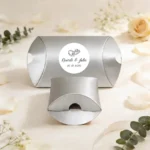 Empaquetado cajita regalo plata personalizado para boda, diseño Elegance