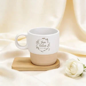 Taza con base de bambú boda floral
