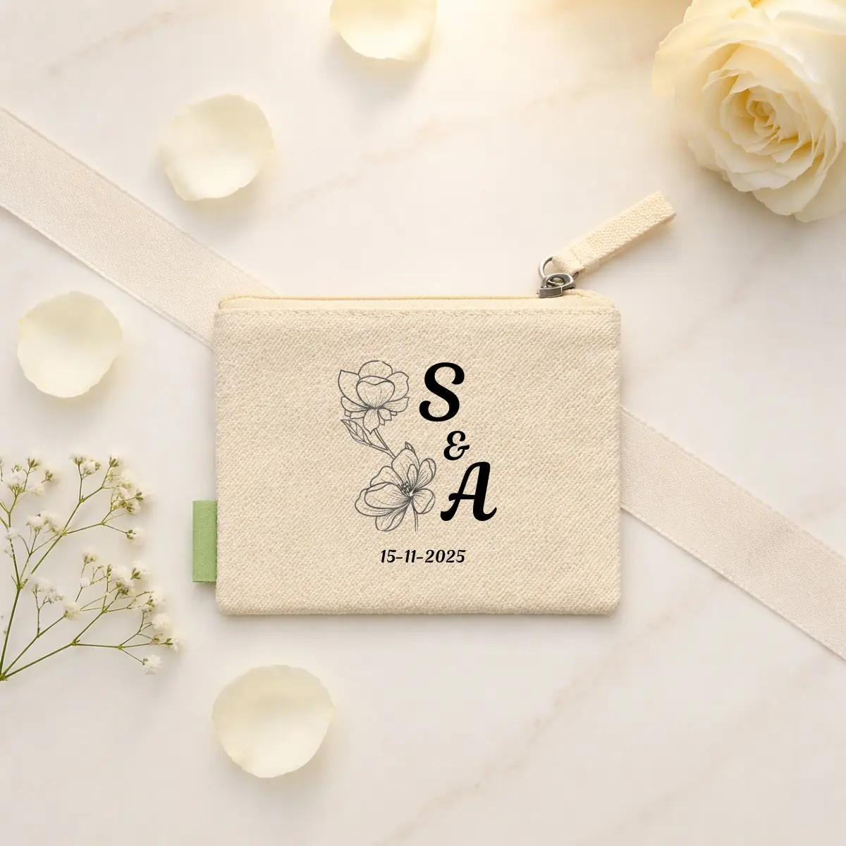 Monedero beige algodón personalizado para boda, diseño Tulipan