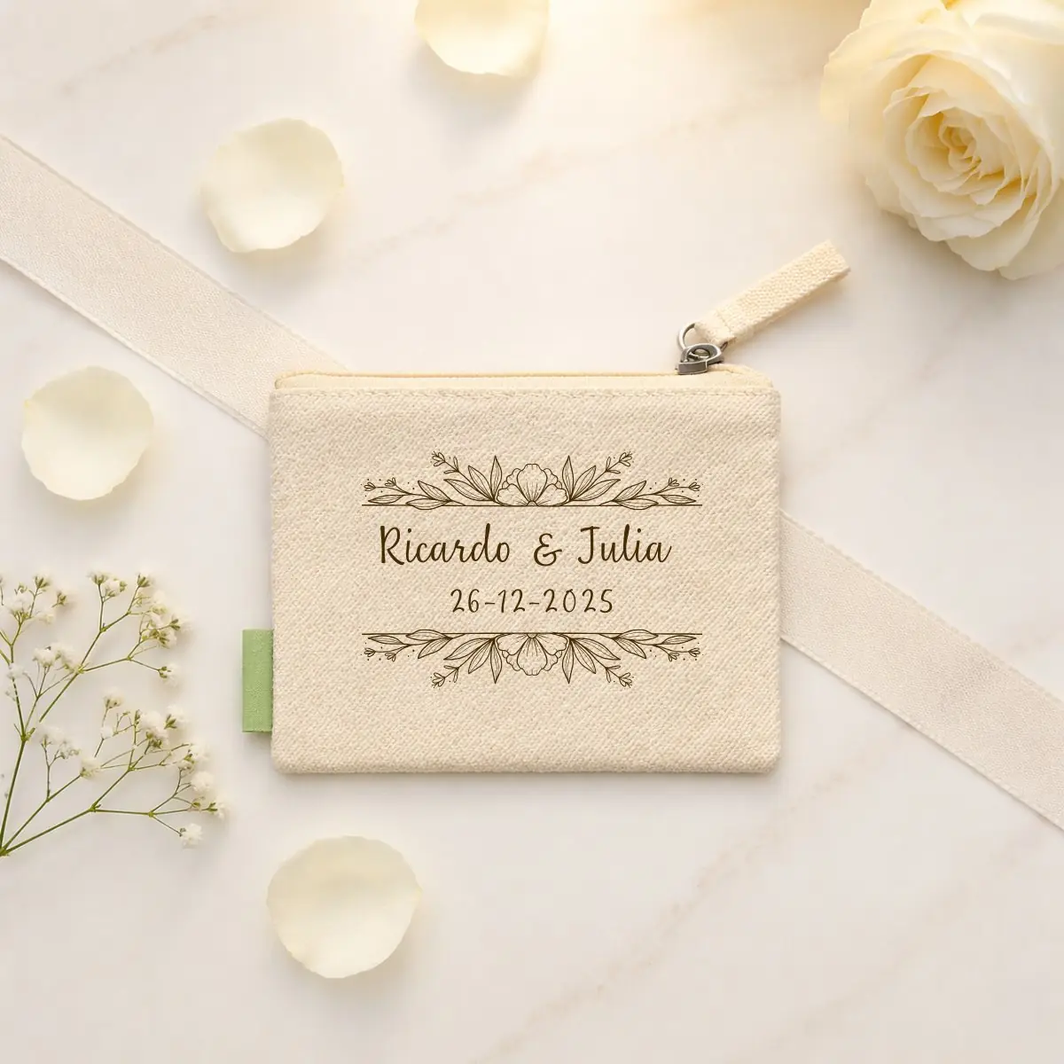 Monedero beige algodón personalizado para boda, diseño Bouquet