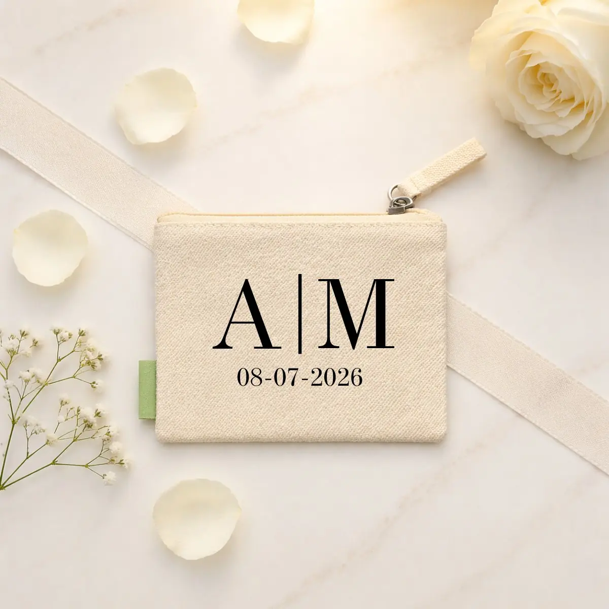 Monedero beige algodón personalizado para boda con iniciales