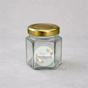 Tarro de cristal hexagonal con tapadera 47ml boda corazón