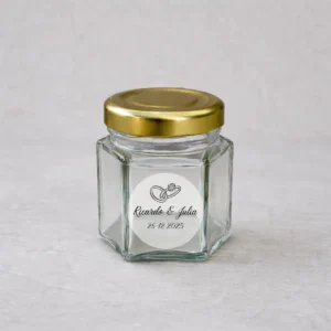 Tarro de cristal hexagonal con tapadera 47ml boda elegance