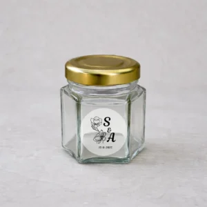 Tarro de cristal hexagonal con tapadera 47ml boda tulipan