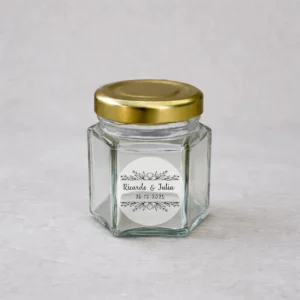 Tarro de cristal hexagonal con tapadera 47ml boda bouquet
