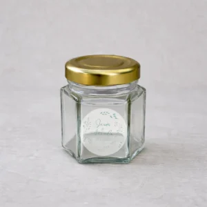 Tarro de cristal hexagonal con tapadera 47ml boda floral