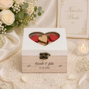 Caja madera con corazones boda elegance