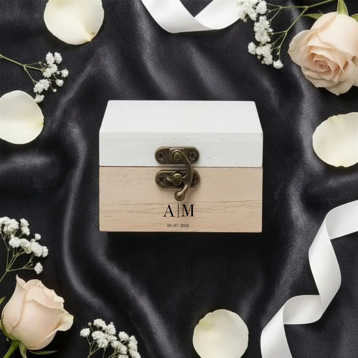 Caja madera tapa blanca boda iniciales