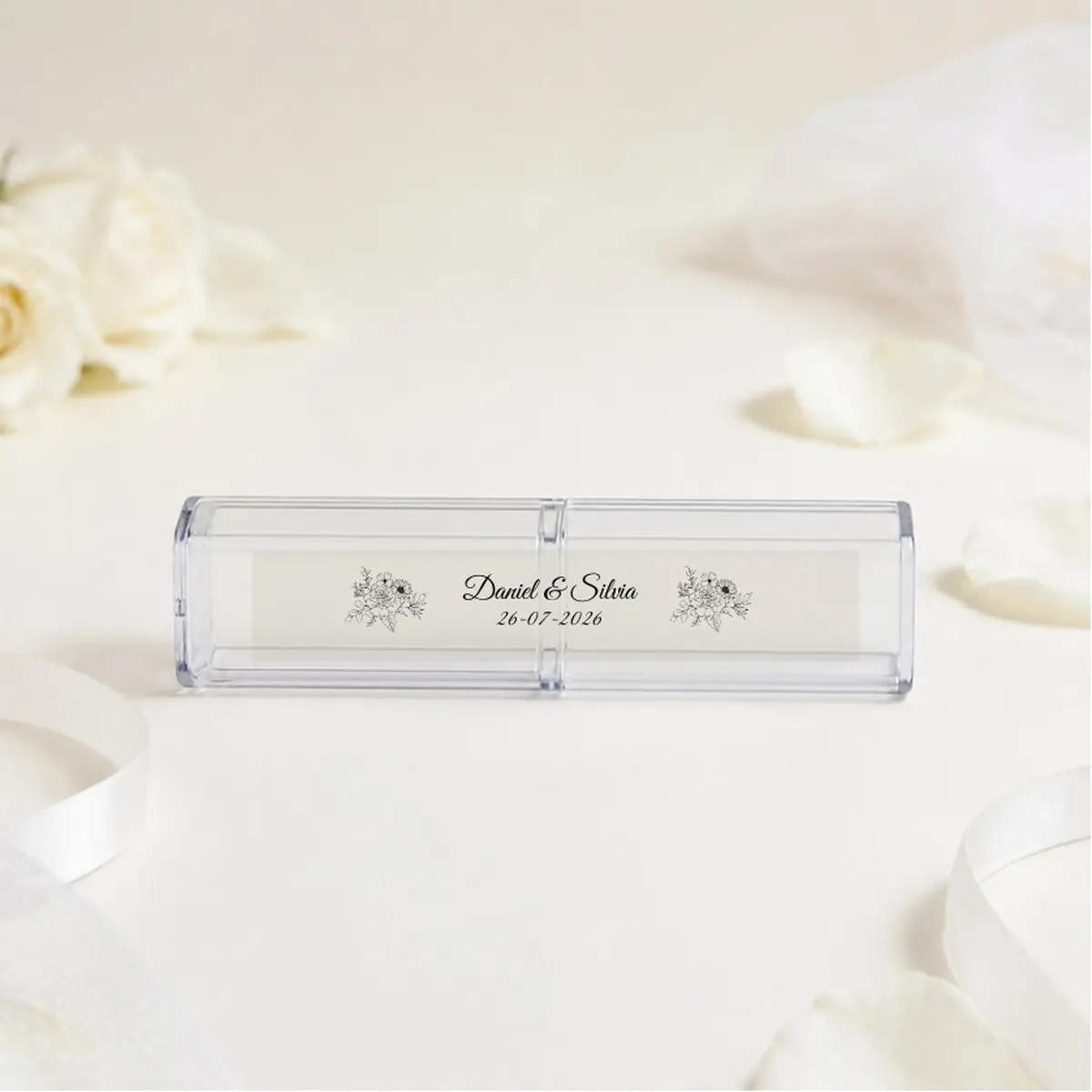 Empaquetado estuche bolígrafo transparente personalizado para boda, diseño Floral 2