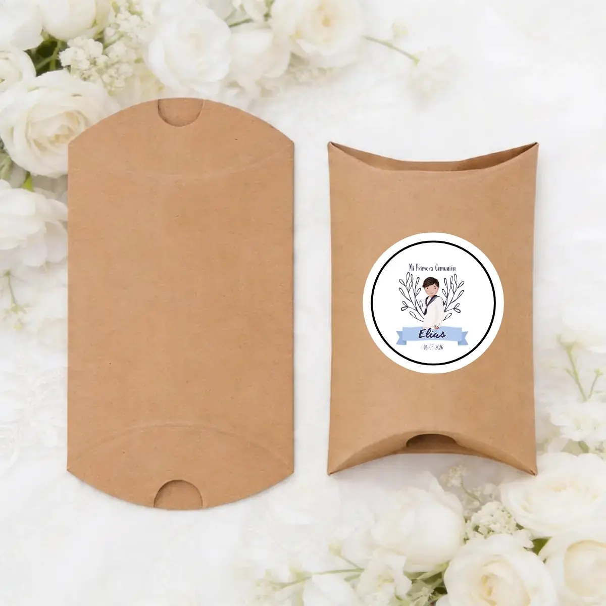Empaquetado cajita regalo kraft personalizado de comunión, diseño Amalfi niño