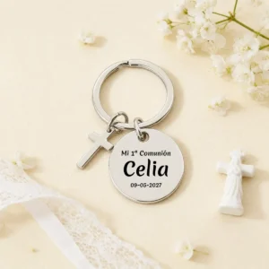 Llavero metalico cruz con estuche personalizado de comunión, diseño Tipogr merienda