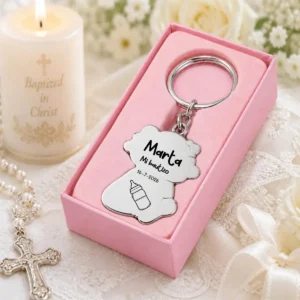 Llavero bebé osito peluche rosa personalizado de bautizo, diseño Minimal
