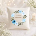 Cojin lino 40x40cm personalizado de comunión, diseño Corona floral azul