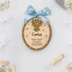 Guarda cunas dorado con lazo personalizada de bautizo, diseño Ángel de la guarda
