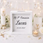 Hucha madera blanca personalizada de comunión, diseño Stoic