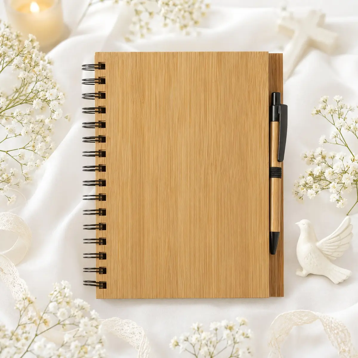 Set bolígrafo y cuaderno bambú personalizado de comunión, diseño Tt nrms – foto 2