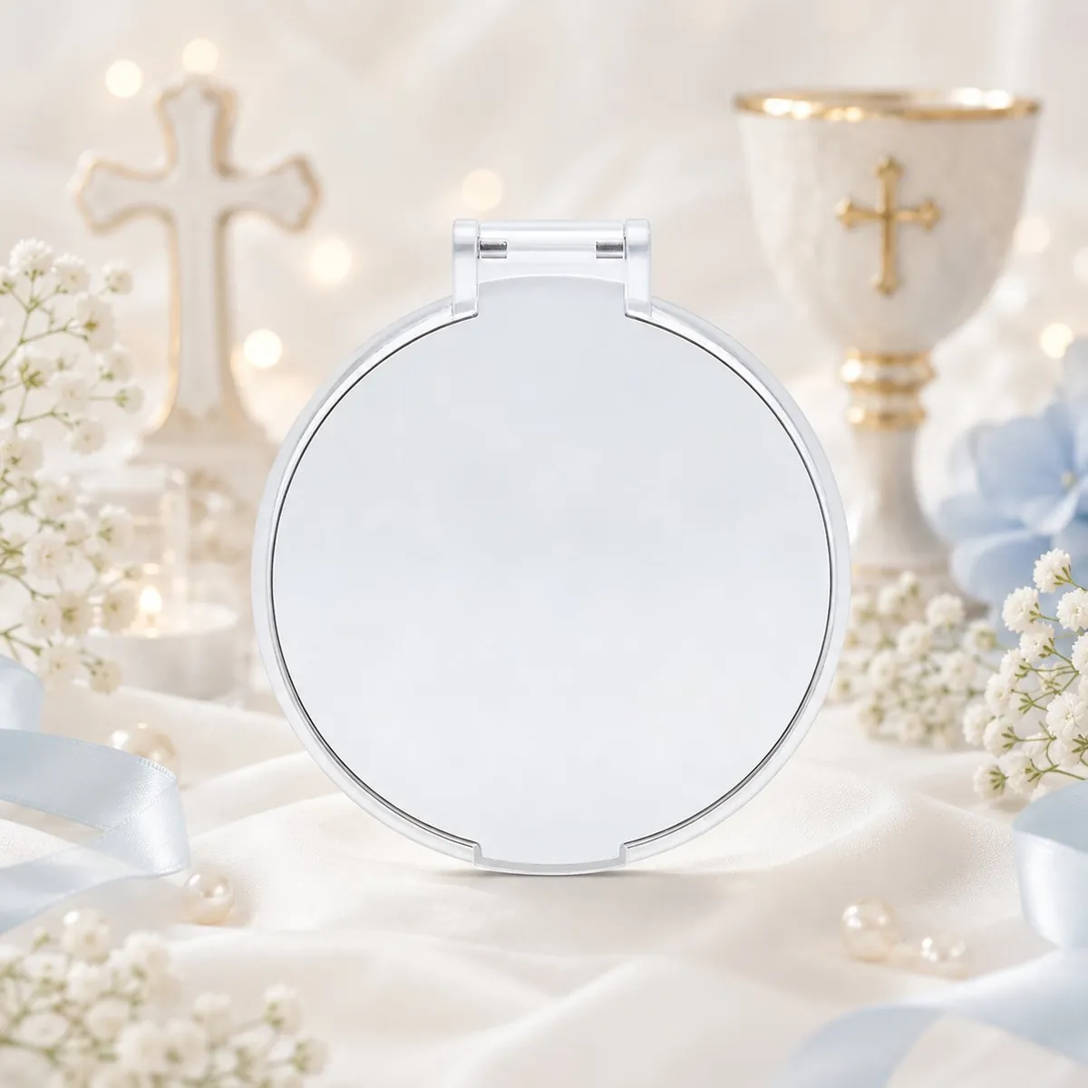 Espejo plegable blanco personalizado de bautizo, diseño Arco hojas – foto 2