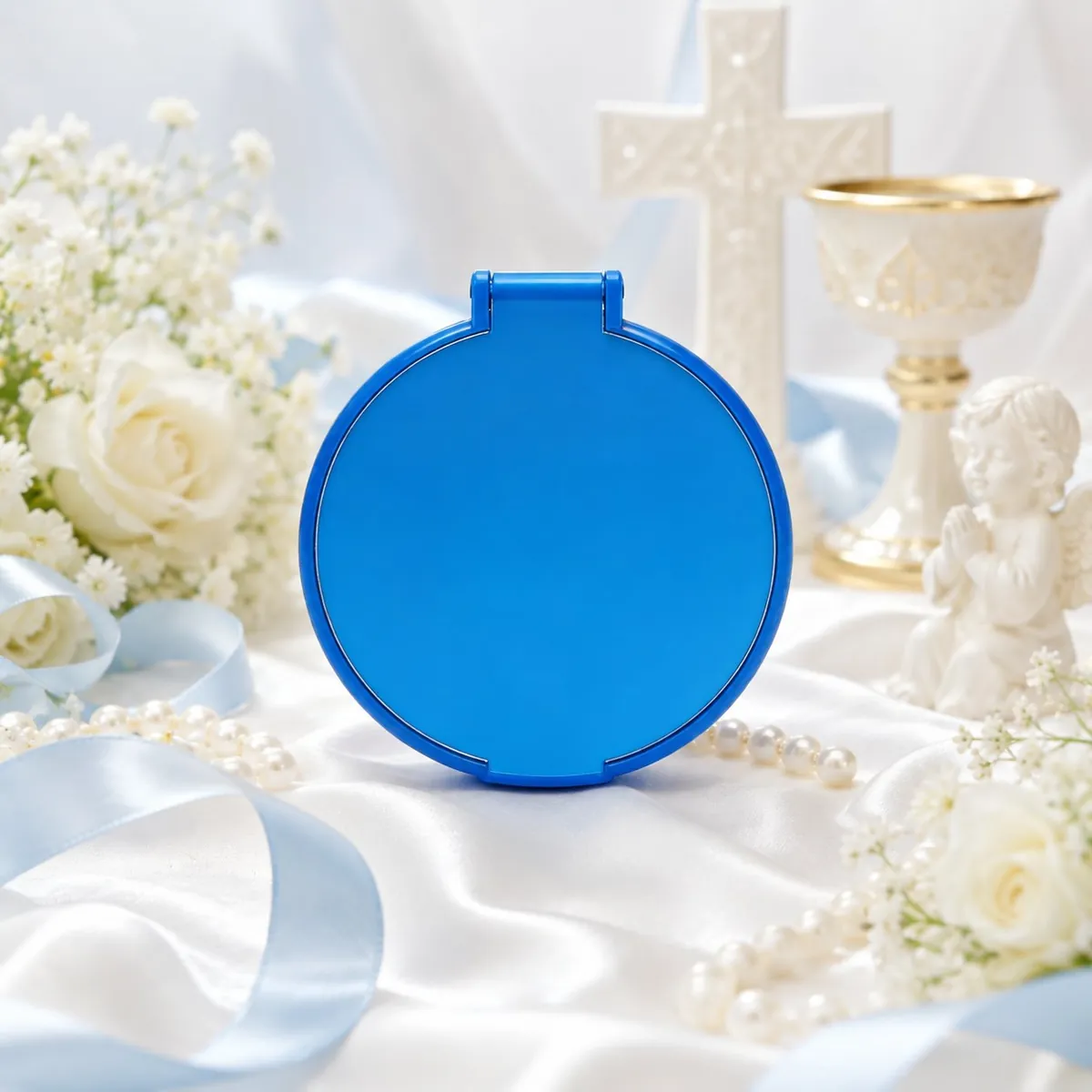 Espejo plegable azul personalizado de bautizo, diseño Arco hojas – foto 2
