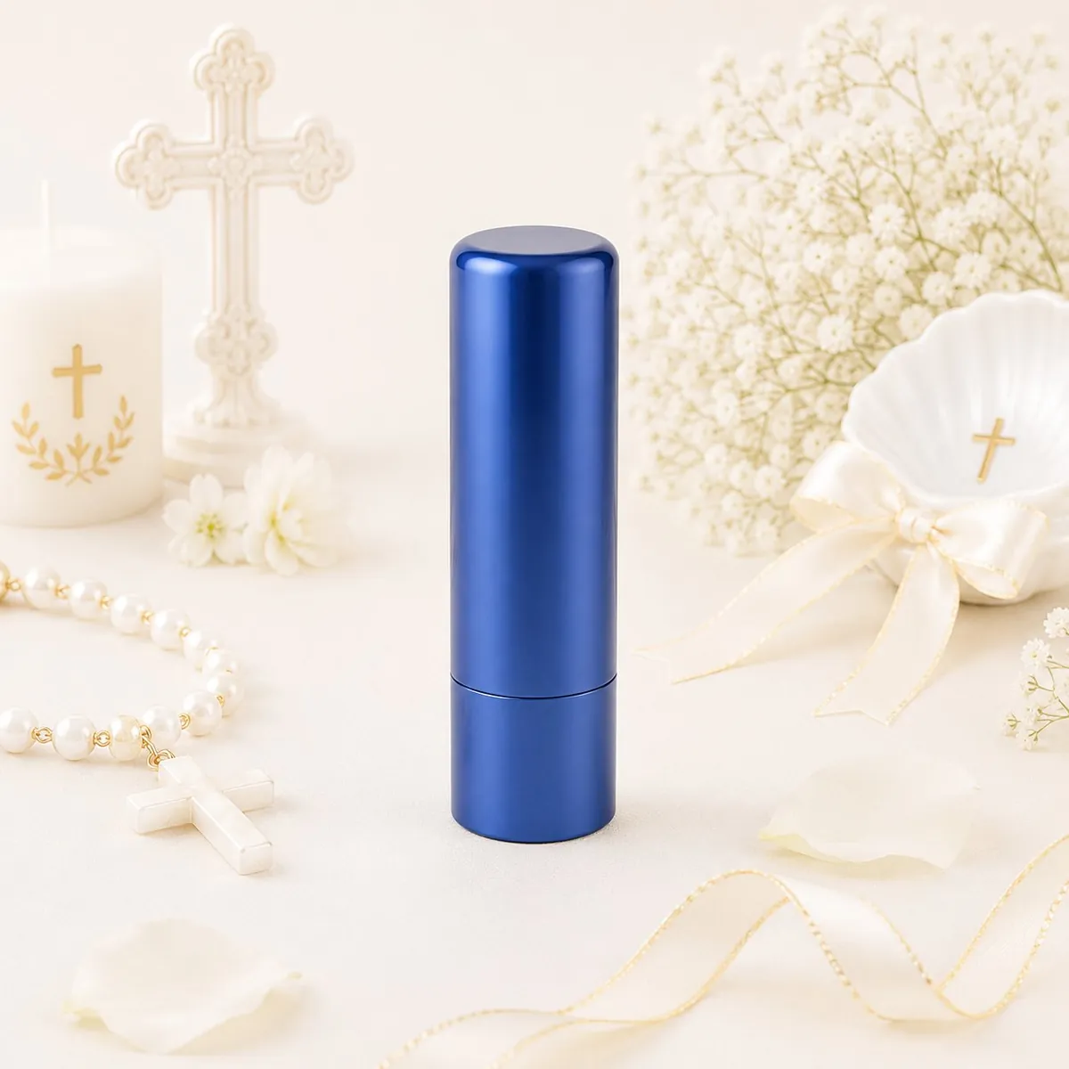 Bálsamo labial azul sabor vainilla spf15 personalizado de comunión, diseño Tipogr merienda – foto 2