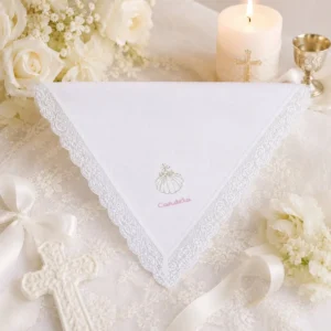 Pañuelo bebé concha nombre bordado rosa bautizo