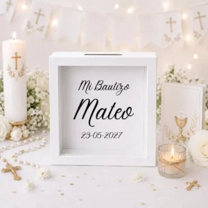Hucha madera blanca bautizo elementos ella