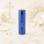 Bálsamo labial azul sabor vainilla spf15 personalizado de comunión, diseño Tipogr merienda